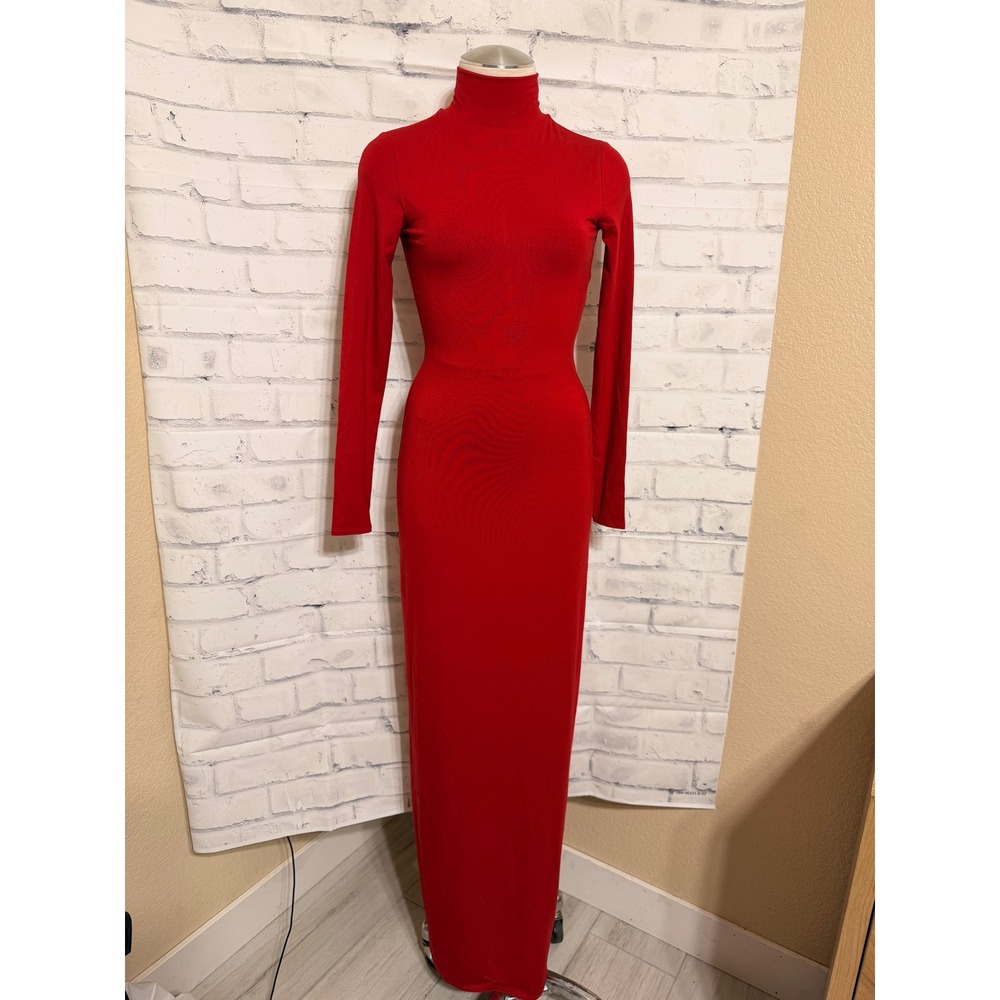 Naked Wardrobe Womens Red Turtleneck Long Sleeve Bodycon Maxi Dress Size Small